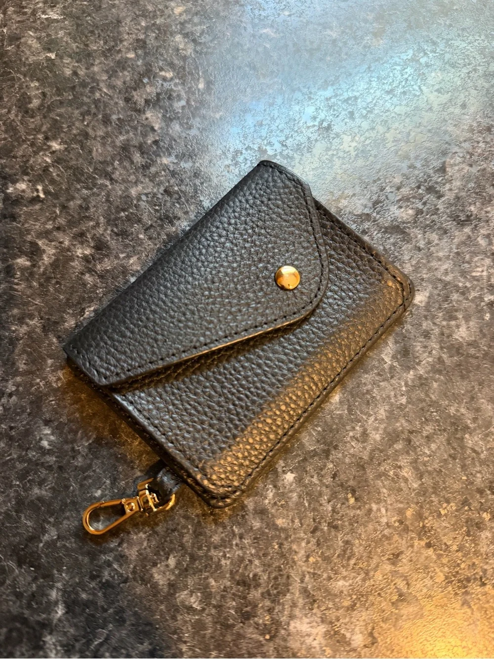 Bandolier Black Pebbled Leather Card Wallet with Gold Hardware iPhone pro size